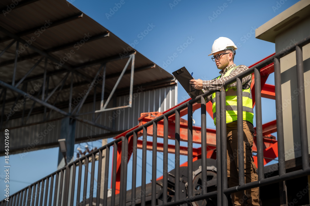 Naklejka premium Professional engineer reviewing inspection checklist at hydraulic infrastructure facility outdoors