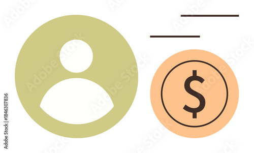 User avatar icon next to a dollar coin with motion lines. Ideal for finance, payment, transaction, user interaction, profile integration, digital wallet, customer concept. Simple flat metaphor