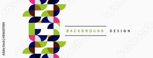 Abstract geometric pattern. Circles, triangles, leaves create vibrant visual. White background supports colorful design elements.
