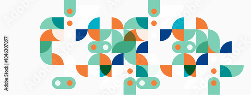 Abstract geometric shapes, teal, orange, green. Minimalist design, repeating patterns, flat illustration, modern aesthetic. Clean composition.