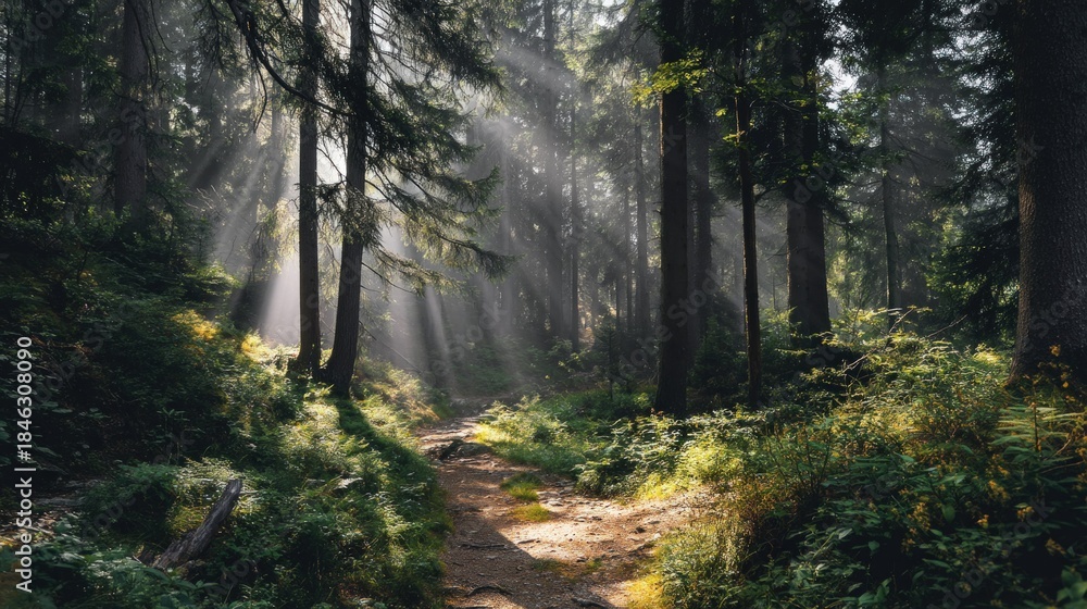 Obraz premium Sunlit Forest Path Winding Through Tall Evergreen Trees.