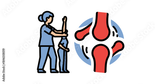 Knee joint rehabilitation therapy icon with physical therapist assisting patient, representing medical care, recovery, and orthopedic health solutions