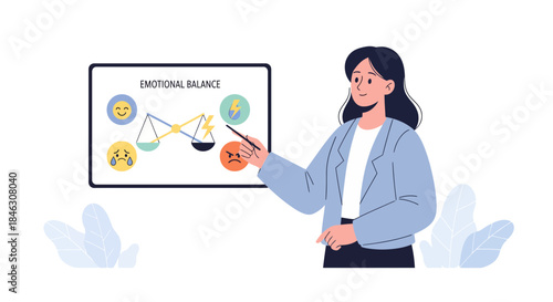 Professional woman presenting emotional balance concept, showing happy, sad, angry icons for mental health awareness in a modern, clean workspace