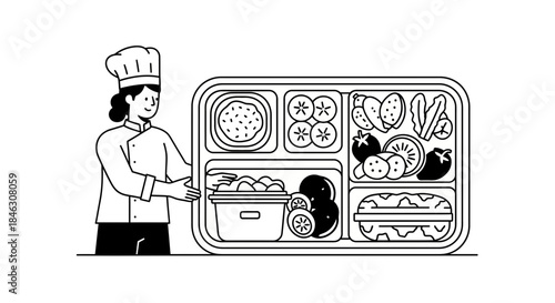 Chef presenting a balanced meal in a bento box, perfect for healthy eating initiatives, food service ads, and nutritional guides, catering to modern lifestyles