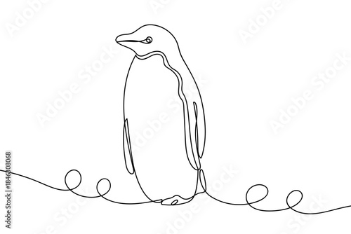 A continuous line of penguins is walking on the ice floe. Single line draw design vector graphic illustration Editable stroke.