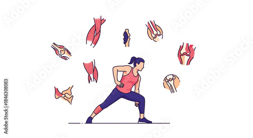 Active woman stretching surrounded by detailed anatomical diagrams of healthy joints and muscles for fitness guides