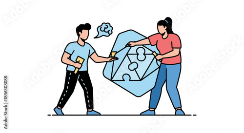 Dynamic team members collaborate effectively building a complex puzzle piece representing strategic problem solving and innovation