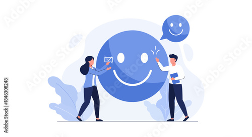 Dynamic team collaborating on customer satisfaction feedback using a giant happy face icon