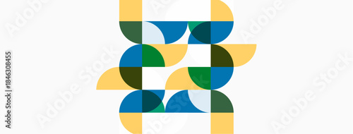 Abstract geometric pattern. Circles, squares overlap creating complex design. Yellow, green, blue hues dominate composition. Modern aesthetic.