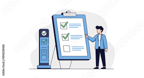 Professional confirming task completion on a large checklist next to a digital verification kiosk for perfect project success
