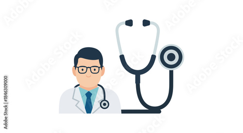 Professional male doctor wearing glasses and lab coat stands beside a large stethoscope ready for consultation