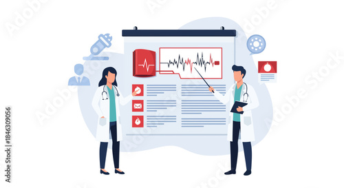 Professional doctors collaborate presenting vital patient monitoring data and cardiology results on a modern digital screen