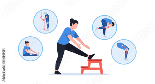 Woman demonstrates dynamic lower body stretching routine with resistance band and step for flexibility training