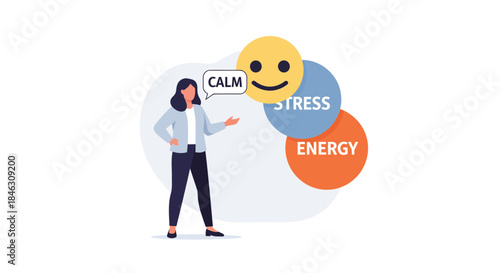 Professional woman explains achieving calm amidst stress and boosting personal energy levels in a modern setting