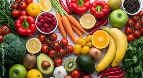 Fototapeta Naklejka Na Ścianę i Meble -  Fresh assortment of healthy fruits and vegetables, including bell peppers, carrots, bananas, broccoli and berries