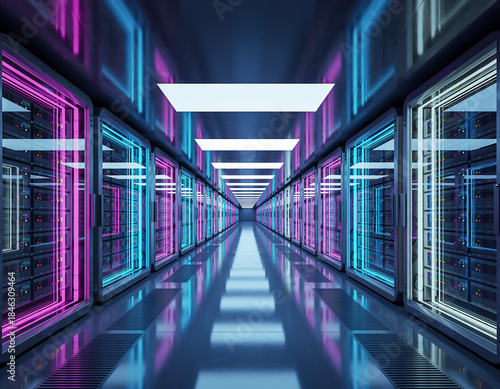 Futuristic server room with vibrant pink and blue neon lights