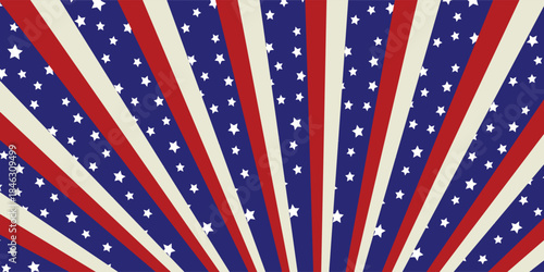 Vintage patriotic burst with red, white, and blue stripes and stars