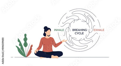 Calm woman demonstrating mindful breathing cycle technique for stress relief and wellness in minimalist setting