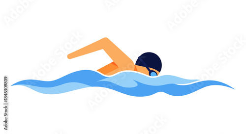 Dynamic swimmer executing freestyle stroke across vibrant blue water waves for athletic achievement concept