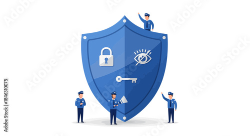 Professional security team diligently guarding digital privacy and data protection symbolized by a massive blue shield