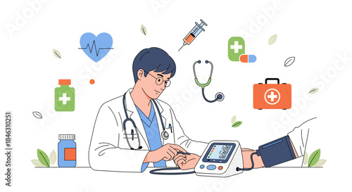 Caring male doctor monitors patient blood pressure readings using a digital monitor in a bright medical setting