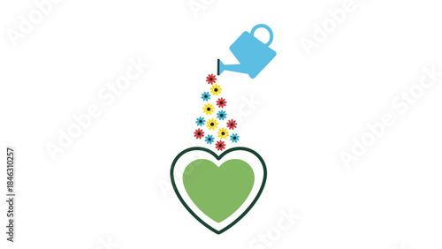 A green heart shaped pot with colorful flowers being watered by a blue watering can, symbolizing growth and care