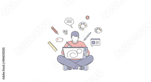 Creative designer working remotely drawing on digital tablet surrounded by artistic tools and communication bubbles