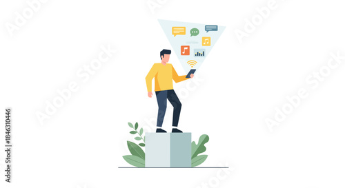 Modern user connecting to digital world showcasing messages music and data streams from a mobile device