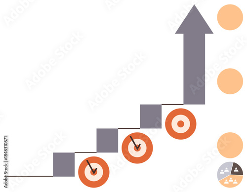 Arrow rising above staircase with targets on each step, symbolizing goal achievement and progression. Ideal for business strategy, growth, success, planning, career, leadership, simple flat metaphor