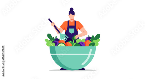 Energetic chef mixes vibrant fresh salad ingredients in a large bowl for healthy eating inspiration