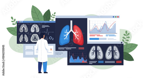 Doctor analyzes complex pulmonary diagnostics and vital statistics on multiple digital screens for patient care