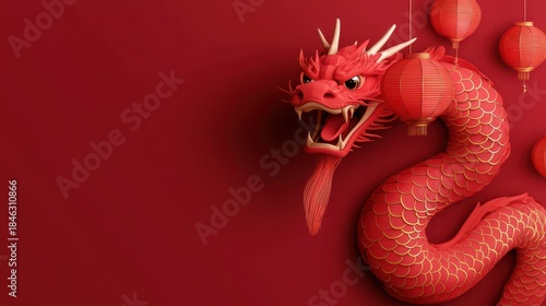 A fierce red dragon is surrounded by hanging red lanterns against a solid red background.