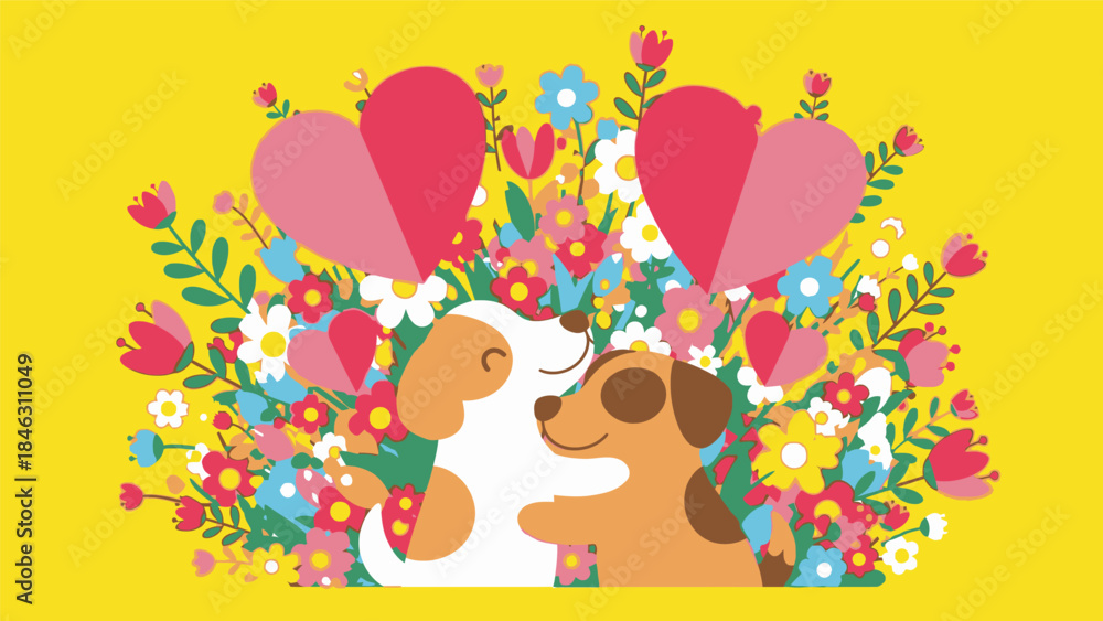 Fototapeta premium Puppy and Kitten Hugging with Flowers.