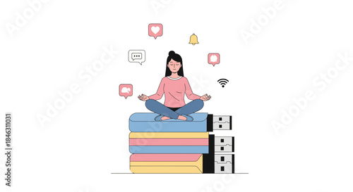 Calm professional woman meditating atop data storage devices finding digital balance amidst notification overload