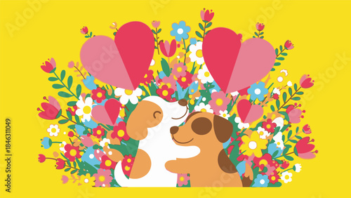 Puppy and Kitten Hugging with Flowers.