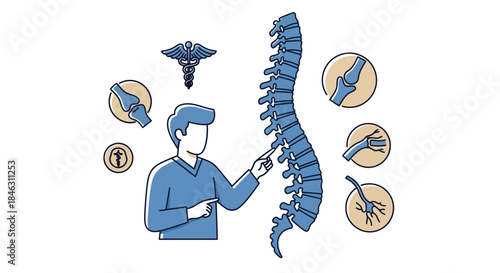 Professional chiropractor expertly points to human spine diagram explaining joint and nerve health for patient education