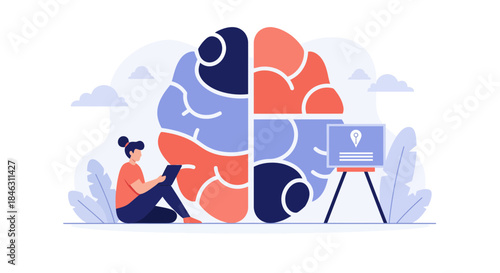 Brilliant professional woman engages deep thinking with digital device beside giant split brain concept for creativity and logic