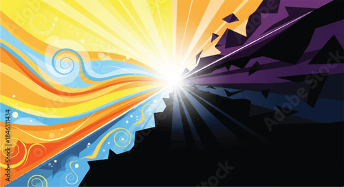 Vibrant Burst of Sun Rays and Energy Lines Behind an Abstract Wave Shape, Symbolizing Light, Innovation, and Dynamic Movement