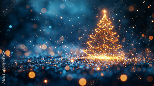 Christmas tree in shiny night. Abstract  Background. Christmas tree with subtle golden lights on black background.