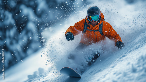 Snowboarder slides at ski slope. Man snowboarder riding on slope.