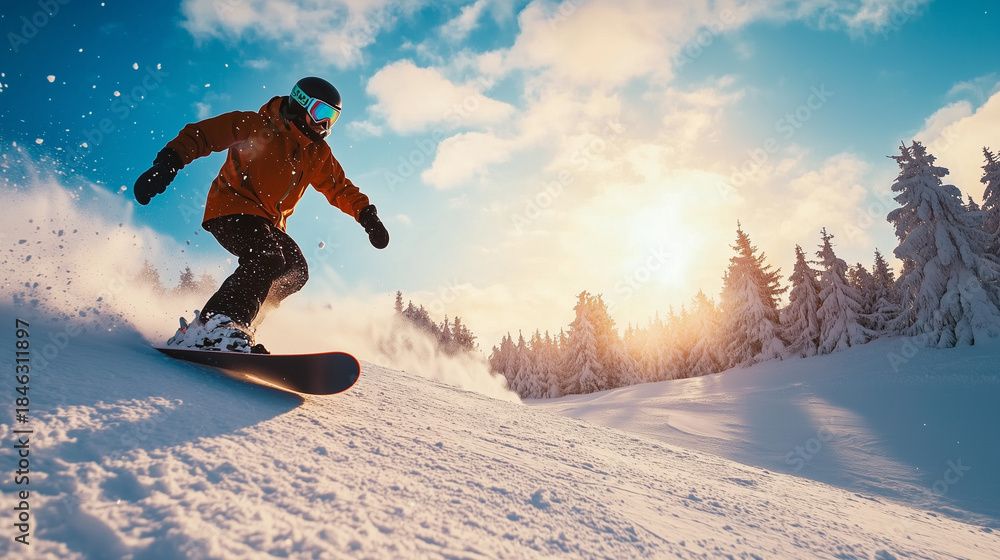 Naklejka premium Snowboarder slides at ski slope. Man snowboarder riding on slope.