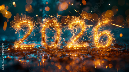 2026 Happy New Year Greeting Card. Year 2026 in sparkler font and firework