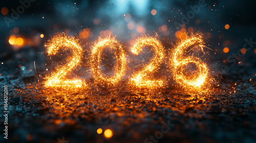2026 Happy New Year Greeting Card. Year 2026 in sparkler font and firework