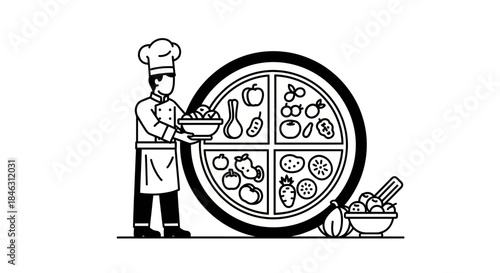 Professional chef proudly presents balanced nutrition plate detailing essential fruits and vegetables for healthy eating guidance