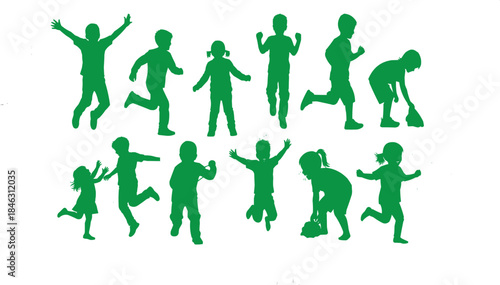 Green silhouette icons of people in various running and jumping poses