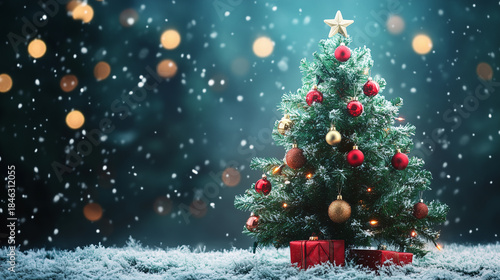 Christmas tree in forest. Christmas tree in snow covered pine woods at night