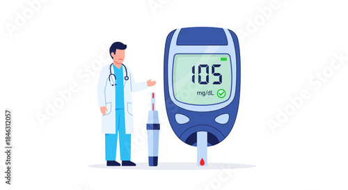 Professional doctor overseeing blood glucose monitoring with meter showing optimal 105 mg/dL reading for diabetes care