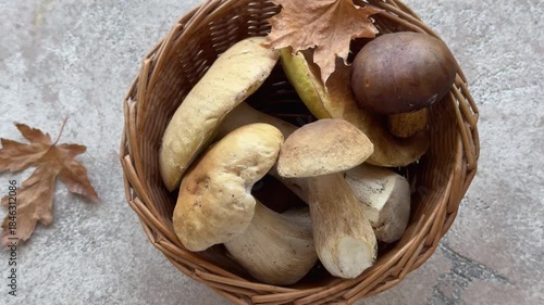 Fresh mushrooms in a basket with autumn leaves
