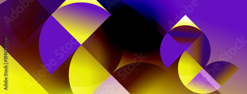 Abstract composition featuring overlapping circles, vibrant yellow, purple hues. Gradient transitions create dynamic visual effect.