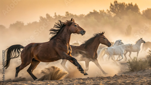 A herd of wild horses, including brown and white ones, gallop through a dusty, sunlit landscape at sunset, kicking up clouds of dirt
